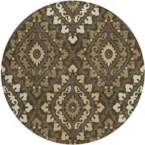 Photo of 8' Brown Taupe And Gray Round Floral Washable Indoor Outdoor Area Rug