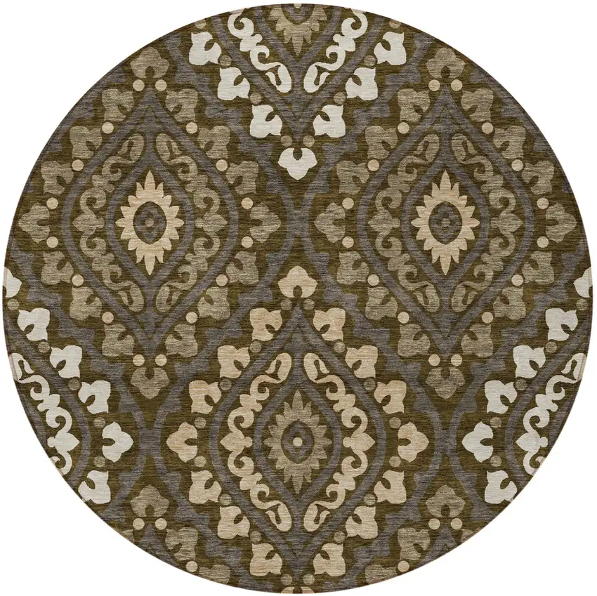 8' Brown Taupe And Gray Round Floral Washable Indoor Outdoor Area Rug Photo 3