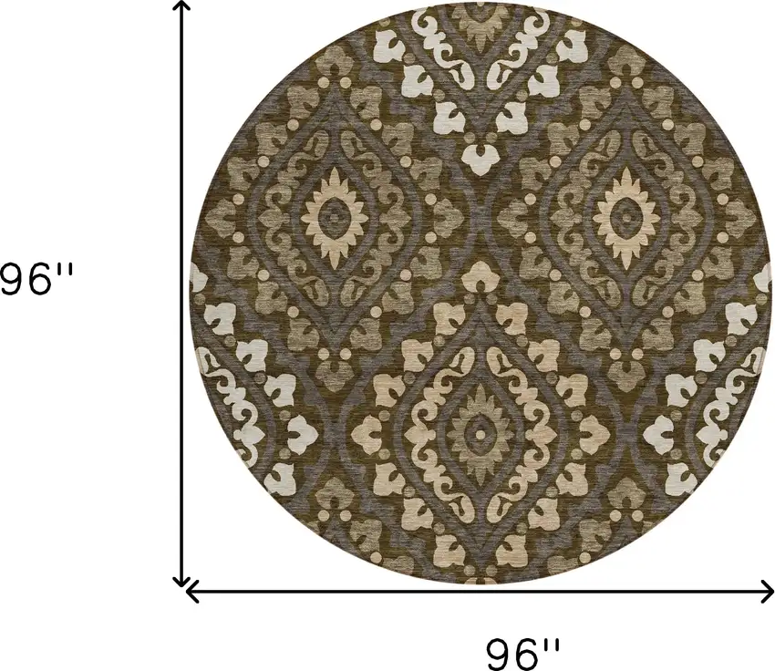 8' Brown Taupe And Gray Round Floral Washable Indoor Outdoor Area Rug Photo 9