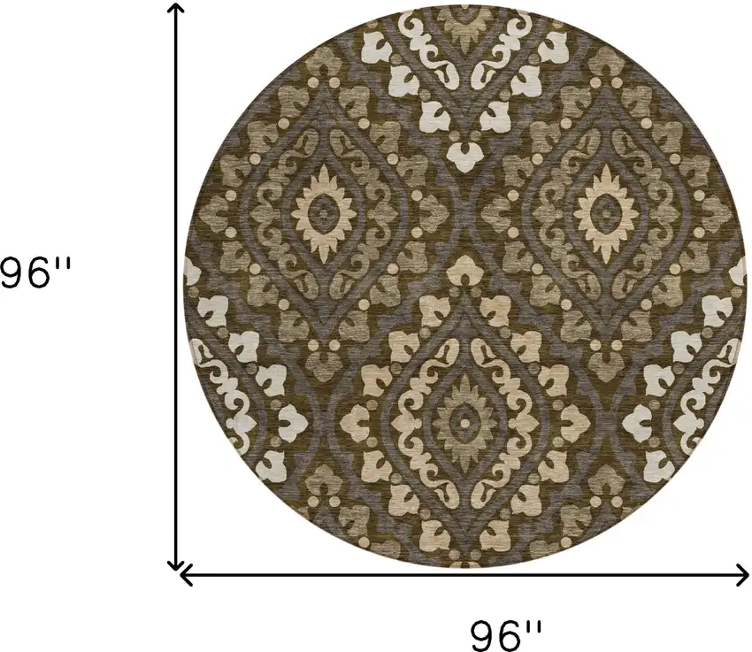 8' Brown Taupe And Gray Round Floral Washable Indoor Outdoor Area Rug Photo 9