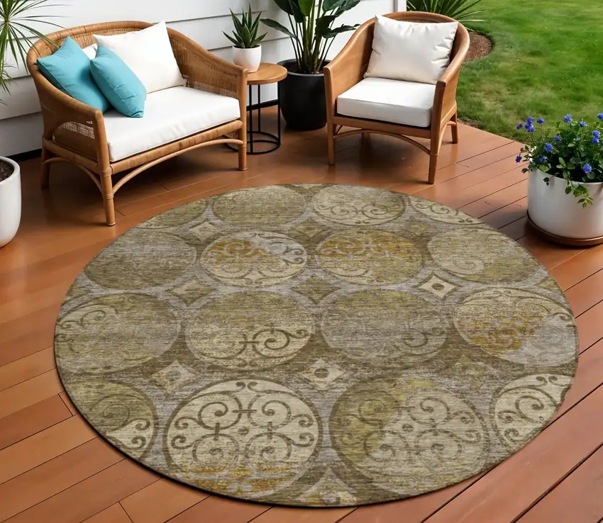 8' Brown Taupe And Gray Round Trellis Washable Indoor Outdoor Area Rug Photo 1