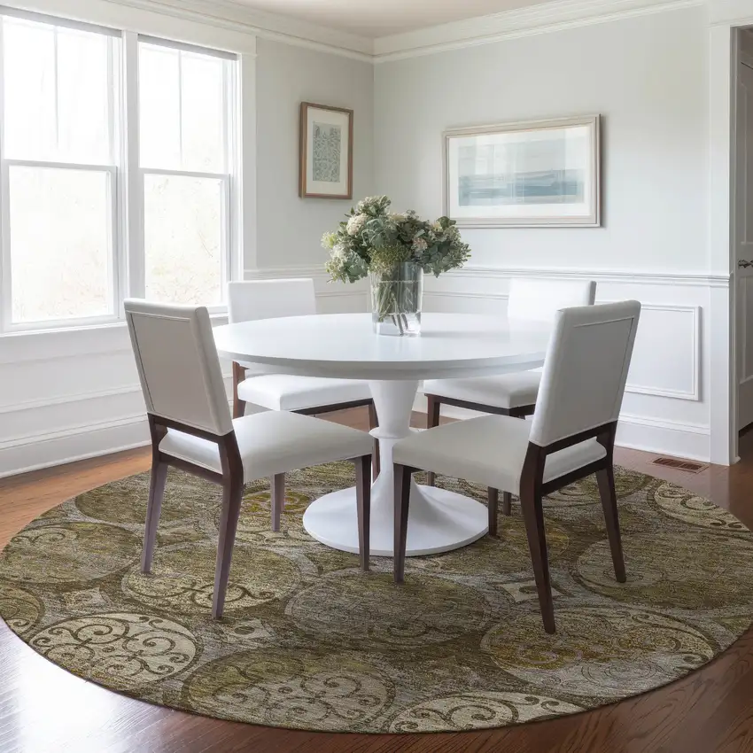 8' Brown Taupe And Gray Round Trellis Washable Indoor Outdoor Area Rug Photo 6