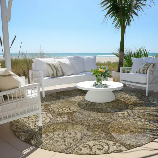 8' Brown Taupe And Gray Round Trellis Washable Indoor Outdoor Area Rug Photo 5