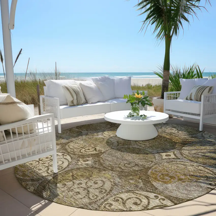 8' Brown Taupe And Gray Round Trellis Washable Indoor Outdoor Area Rug Photo 5