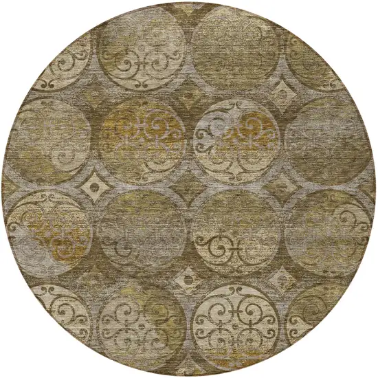 8' Brown Taupe And Gray Round Trellis Washable Indoor Outdoor Area Rug Photo 4