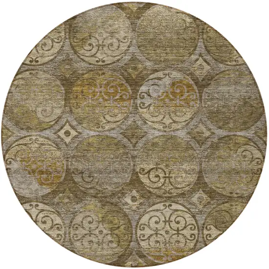 8' Brown Taupe And Gray Round Trellis Washable Indoor Outdoor Area Rug Photo 4