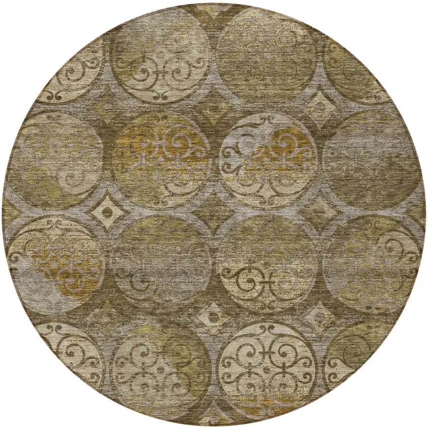 8' Brown Taupe And Gray Round Trellis Washable Indoor Outdoor Area Rug Photo 4