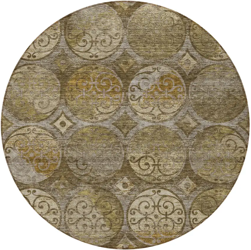8' Brown Taupe And Gray Round Trellis Washable Indoor Outdoor Area Rug Photo 4