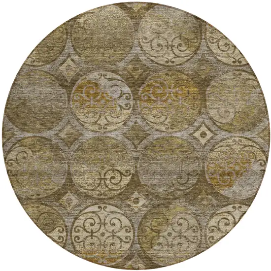 8' Brown Taupe And Gray Round Trellis Washable Indoor Outdoor Area Rug Photo 1