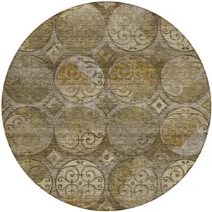 Photo of 8' Brown Taupe And Gray Round Trellis Washable Indoor Outdoor Area Rug