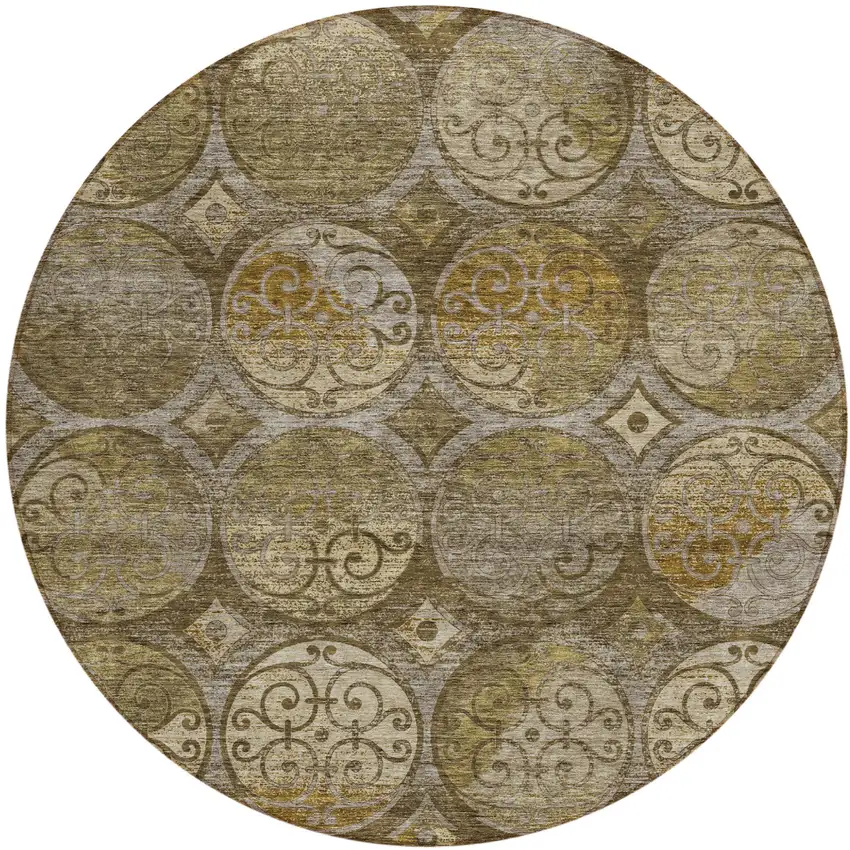8' Brown Taupe And Gray Round Trellis Washable Indoor Outdoor Area Rug Photo 1