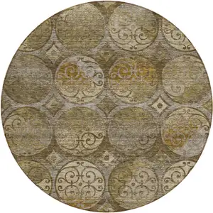 Photo of 8' Brown Taupe And Gray Round Trellis Washable Indoor Outdoor Area Rug