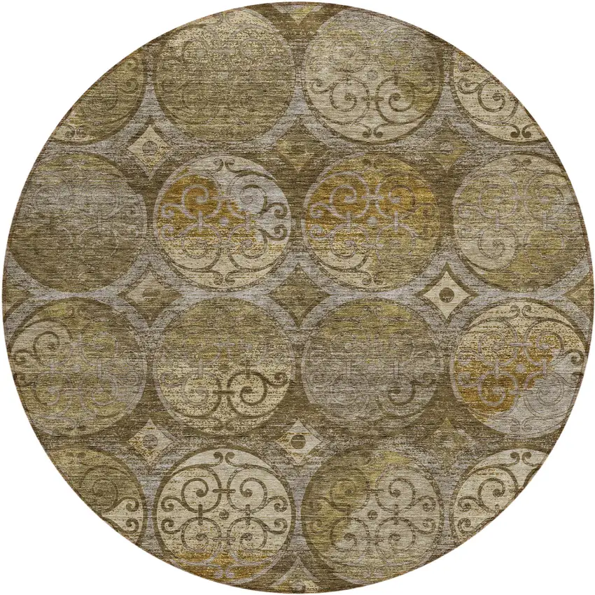 8' Brown Taupe And Gray Round Trellis Washable Indoor Outdoor Area Rug Photo 1