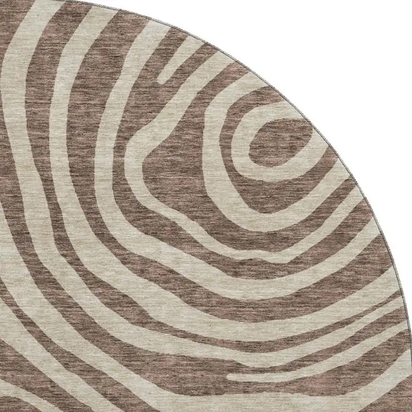 8' Brown Taupe And Ivory Abstract Washable Round Rug With UV Protection Photo 4