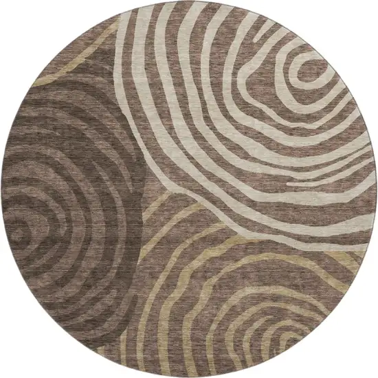 8' Brown Taupe And Ivory Abstract Washable Round Rug With UV Protection Photo 1