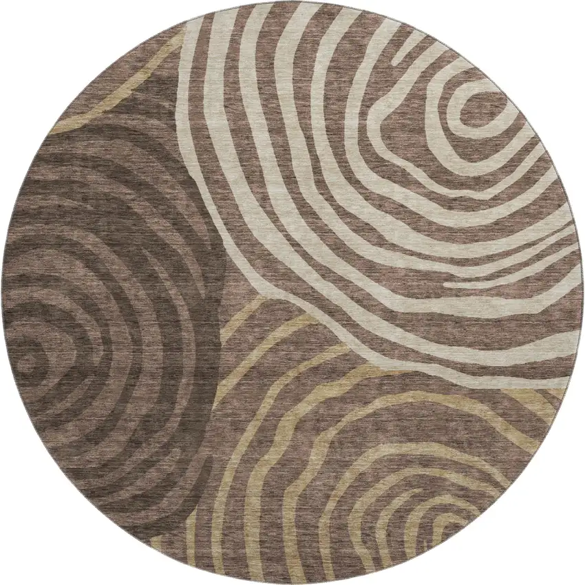 8' Brown Taupe And Ivory Abstract Washable Round Rug With UV Protection Photo 1