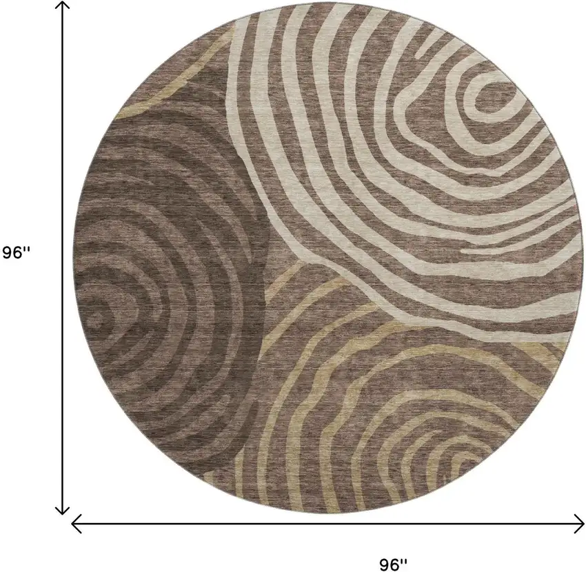 8' Brown Taupe And Ivory Abstract Washable Round Rug With UV Protection Photo 3