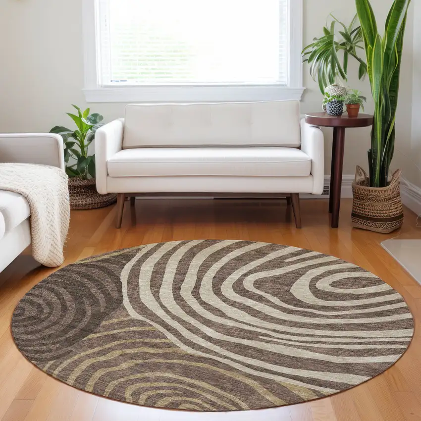 8' Brown Taupe And Ivory Abstract Washable Round Rug With UV Protection Photo 5