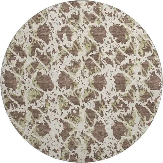 8' Brown Taupe And Ivory Abstract Washable Round Rug With UV Protection Photo 1