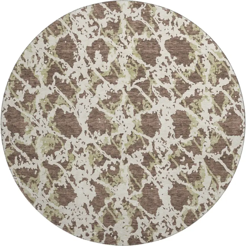 8' Brown Taupe And Ivory Abstract Washable Round Rug With UV Protection Photo 1
