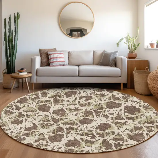 8' Brown Taupe And Ivory Abstract Washable Round Rug With UV Protection Photo 4