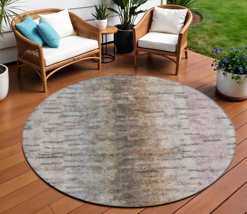8' Brown Taupe And Ivory Round Abstract Washable Indoor Outdoor Area Rug Photo 1
