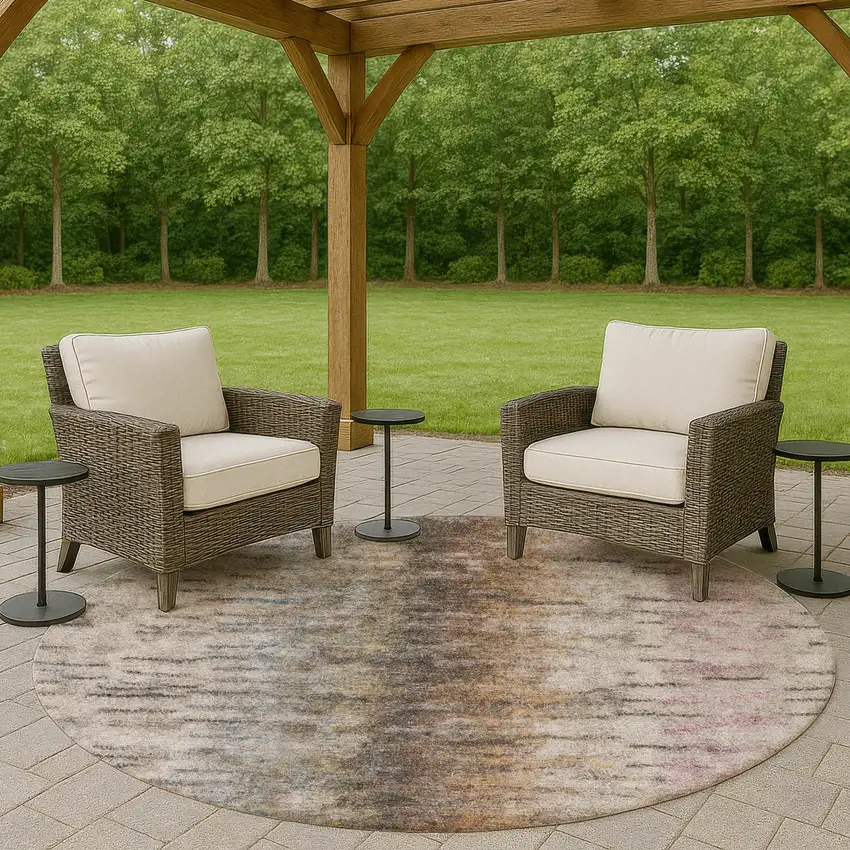 8' Brown Taupe And Ivory Round Abstract Washable Indoor Outdoor Area Rug Photo 8