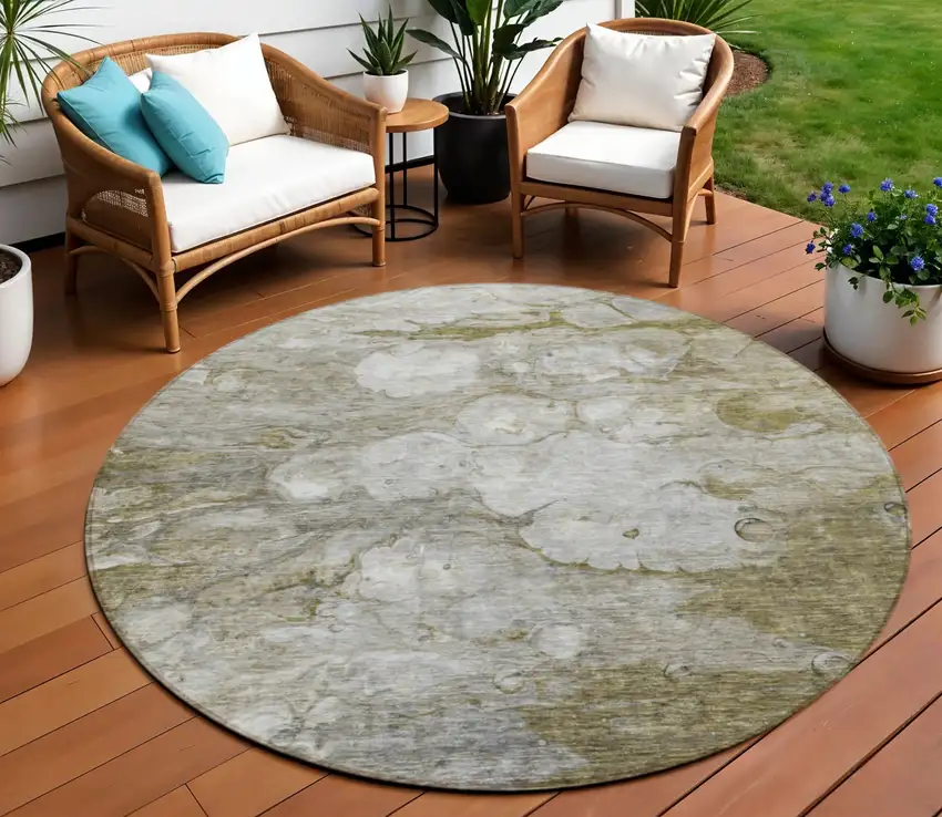 8' Brown Taupe And Ivory Round Abstract Washable Indoor Outdoor Area Rug Photo 1