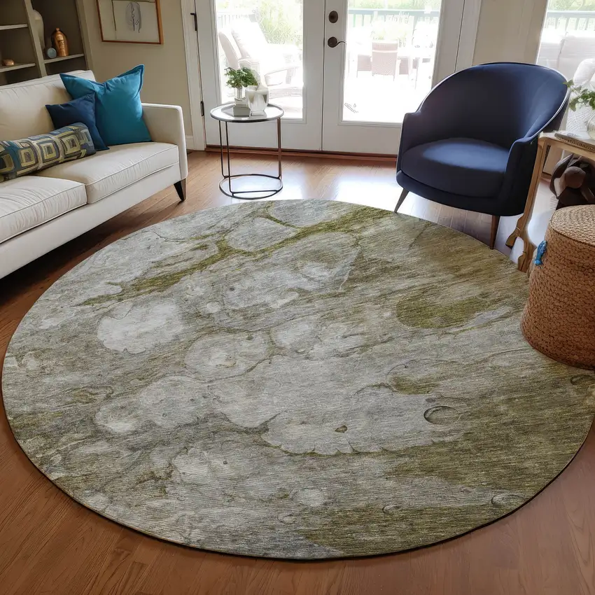 8' Brown Taupe And Ivory Round Abstract Washable Indoor Outdoor Area Rug Photo 7