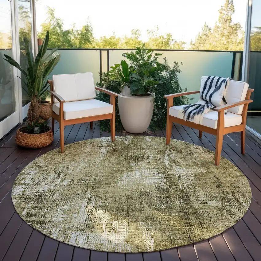 8' Brown Taupe And Ivory Round Abstract Washable Indoor Outdoor Area Rug Photo 6