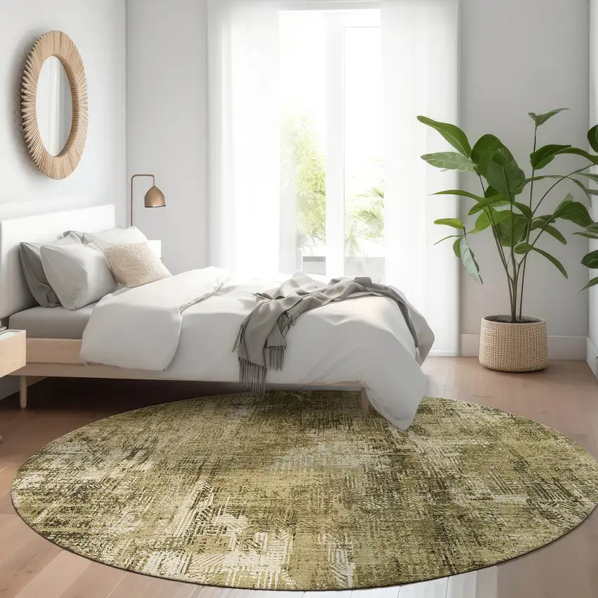 8' Brown Taupe And Ivory Round Abstract Washable Indoor Outdoor Area Rug Photo 8