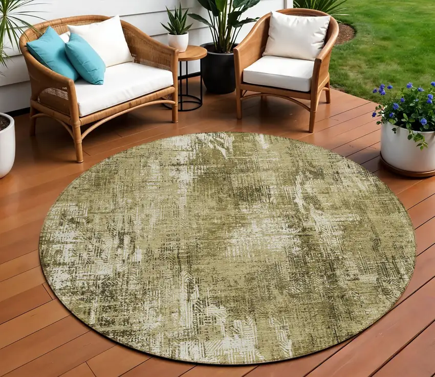 8' Brown Taupe And Ivory Round Abstract Washable Indoor Outdoor Area Rug Photo 1