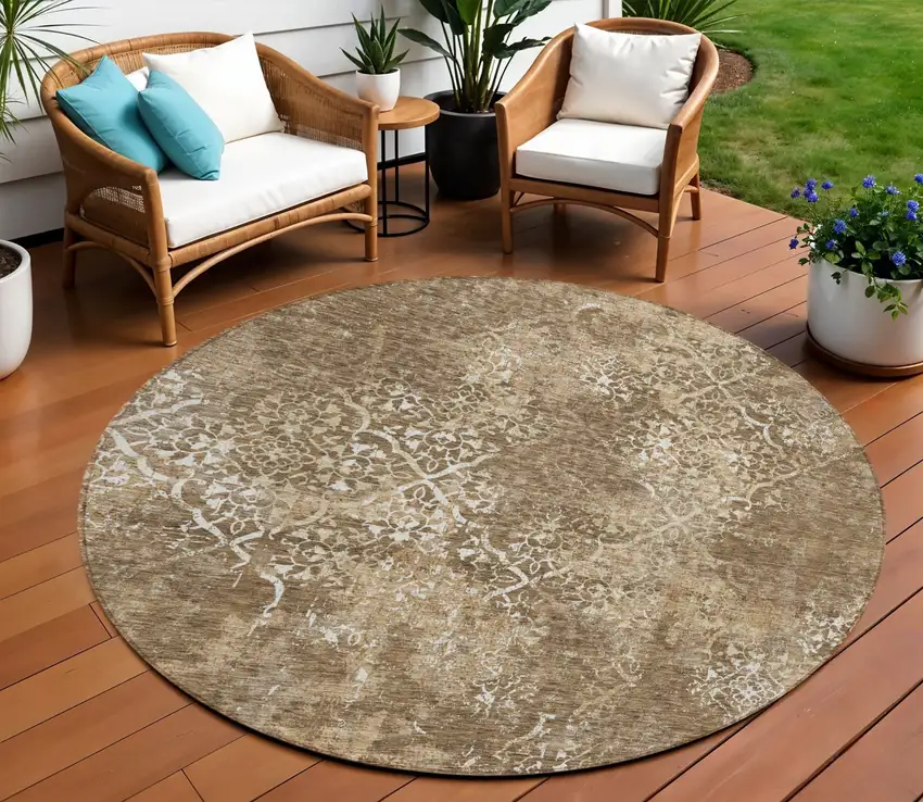 8' Brown Taupe And Ivory Round Floral Washable Indoor Outdoor Area Rug Photo 1