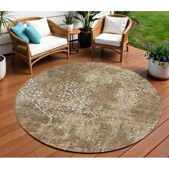 8' Brown Taupe And Ivory Round Floral Washable Indoor Outdoor Area Rug Photo 1