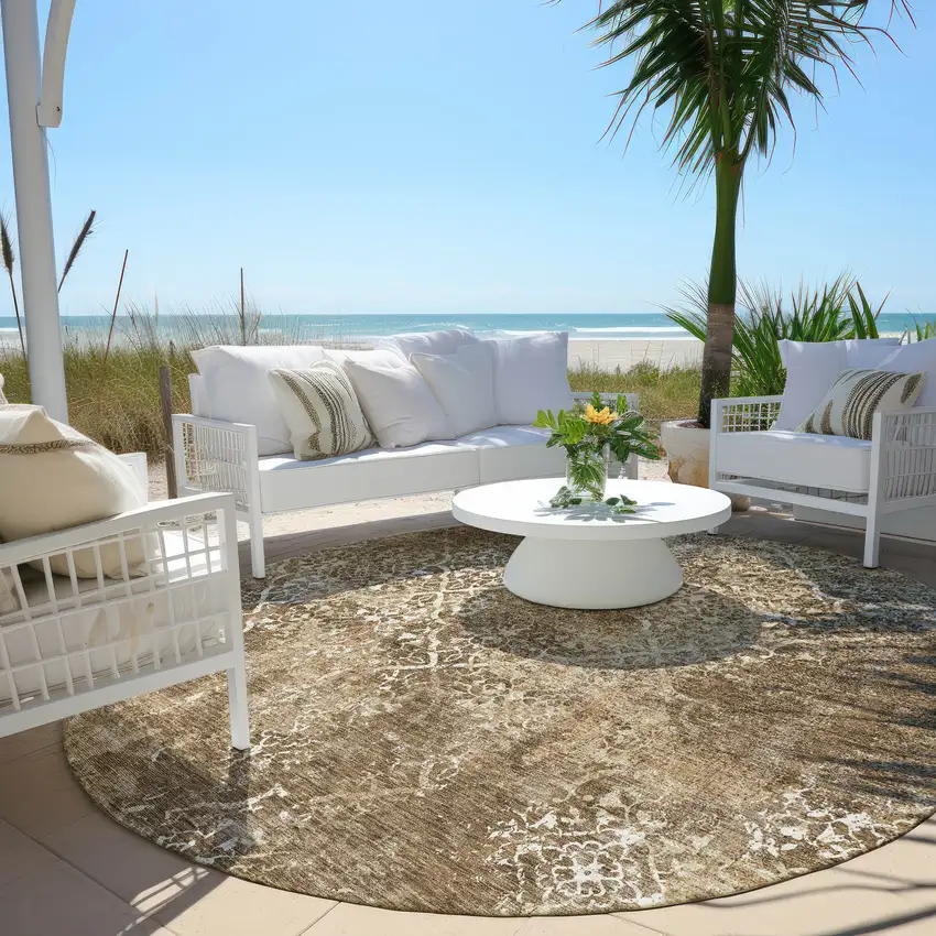 8' Brown Taupe And Ivory Round Floral Washable Indoor Outdoor Area Rug Photo 6