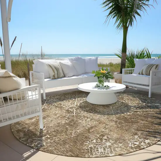8' Brown Taupe And Ivory Round Floral Washable Indoor Outdoor Area Rug Photo 6