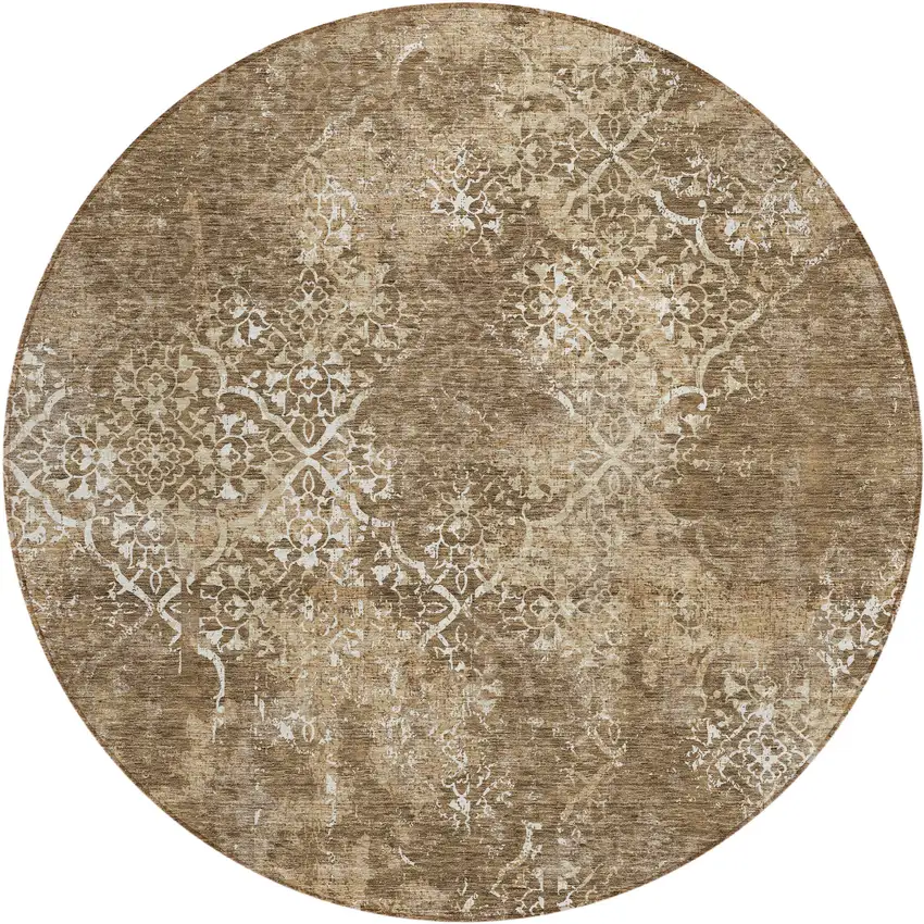 8' Brown Taupe And Ivory Round Floral Washable Indoor Outdoor Area Rug Photo 1