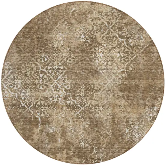 8' Brown Taupe And Ivory Round Floral Washable Indoor Outdoor Area Rug Photo 1