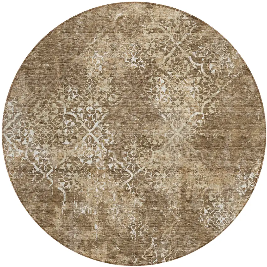 8' Brown Taupe And Ivory Round Floral Washable Indoor Outdoor Area Rug Photo 1