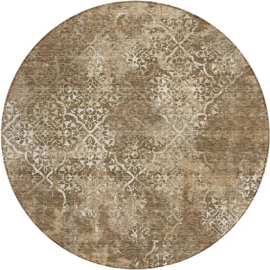 8' Brown Taupe And Ivory Round Floral Washable Indoor Outdoor Area Rug Photo 1