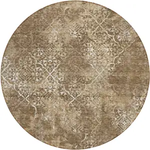 Photo of 8' Brown Taupe And Ivory Round Floral Washable Indoor Outdoor Area Rug