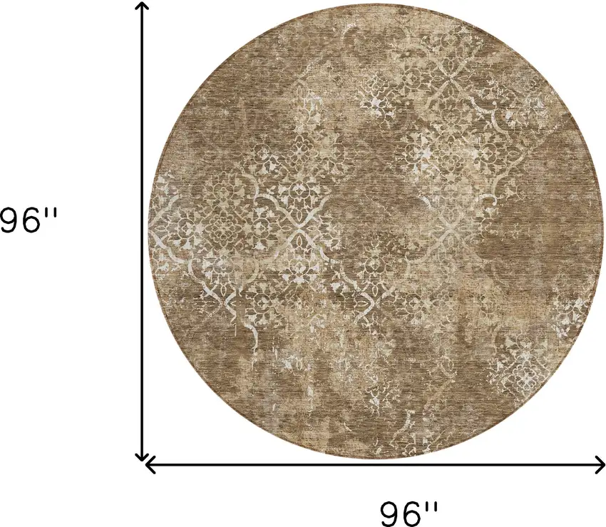 8' Brown Taupe And Ivory Round Floral Washable Indoor Outdoor Area Rug Photo 8