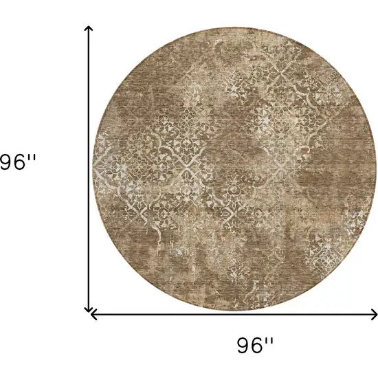 8' Brown Taupe And Ivory Round Floral Washable Indoor Outdoor Area Rug Photo 8