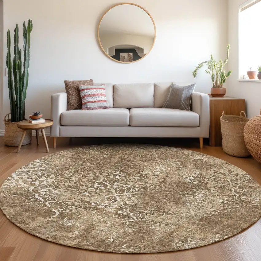 8' Brown Taupe And Ivory Round Floral Washable Indoor Outdoor Area Rug Photo 7