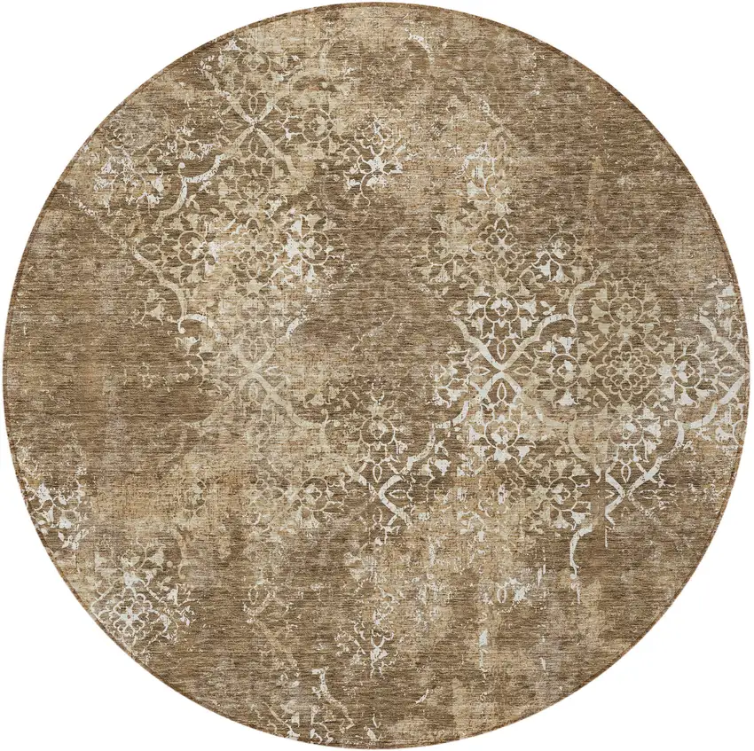 8' Brown Taupe And Ivory Round Floral Washable Indoor Outdoor Area Rug Photo 5