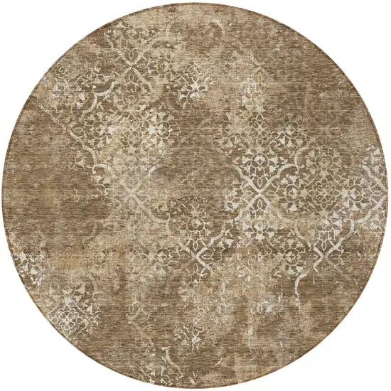 8' Brown Taupe And Ivory Round Floral Washable Indoor Outdoor Area Rug Photo 5