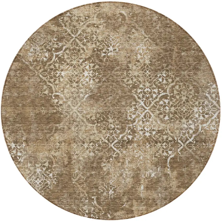 8' Brown Taupe And Ivory Round Floral Washable Indoor Outdoor Area Rug Photo 5