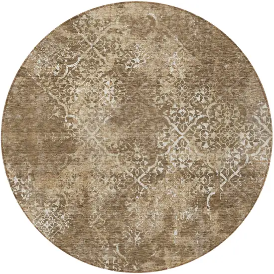 8' Brown Taupe And Ivory Round Floral Washable Indoor Outdoor Area Rug Photo 5