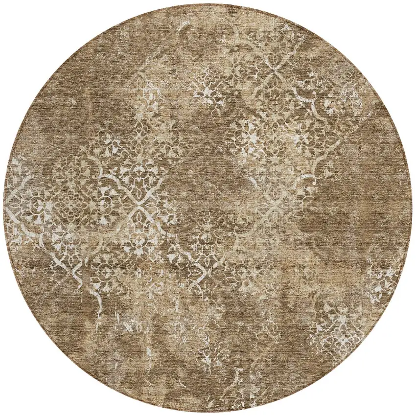 8' Brown Taupe And Ivory Round Floral Washable Indoor Outdoor Area Rug Photo 4