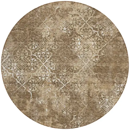 8' Brown Taupe And Ivory Round Floral Washable Indoor Outdoor Area Rug Photo 4